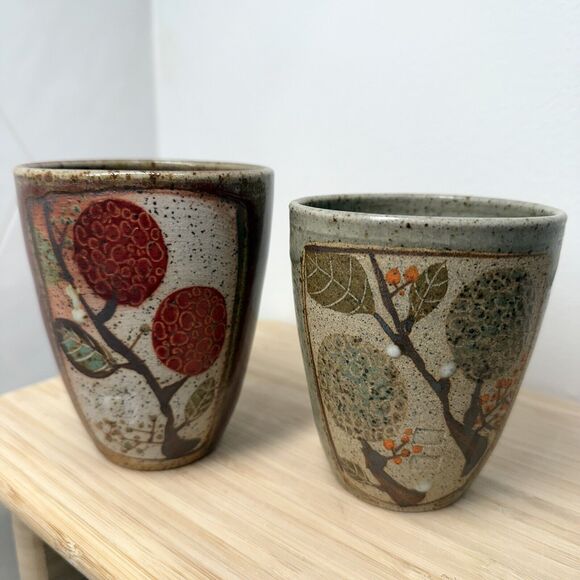 Evelyne Rivest Savignac Studio Pottery Tumbler Cups Floral Tree Leaves Quebec CA - Picture 1 of 11